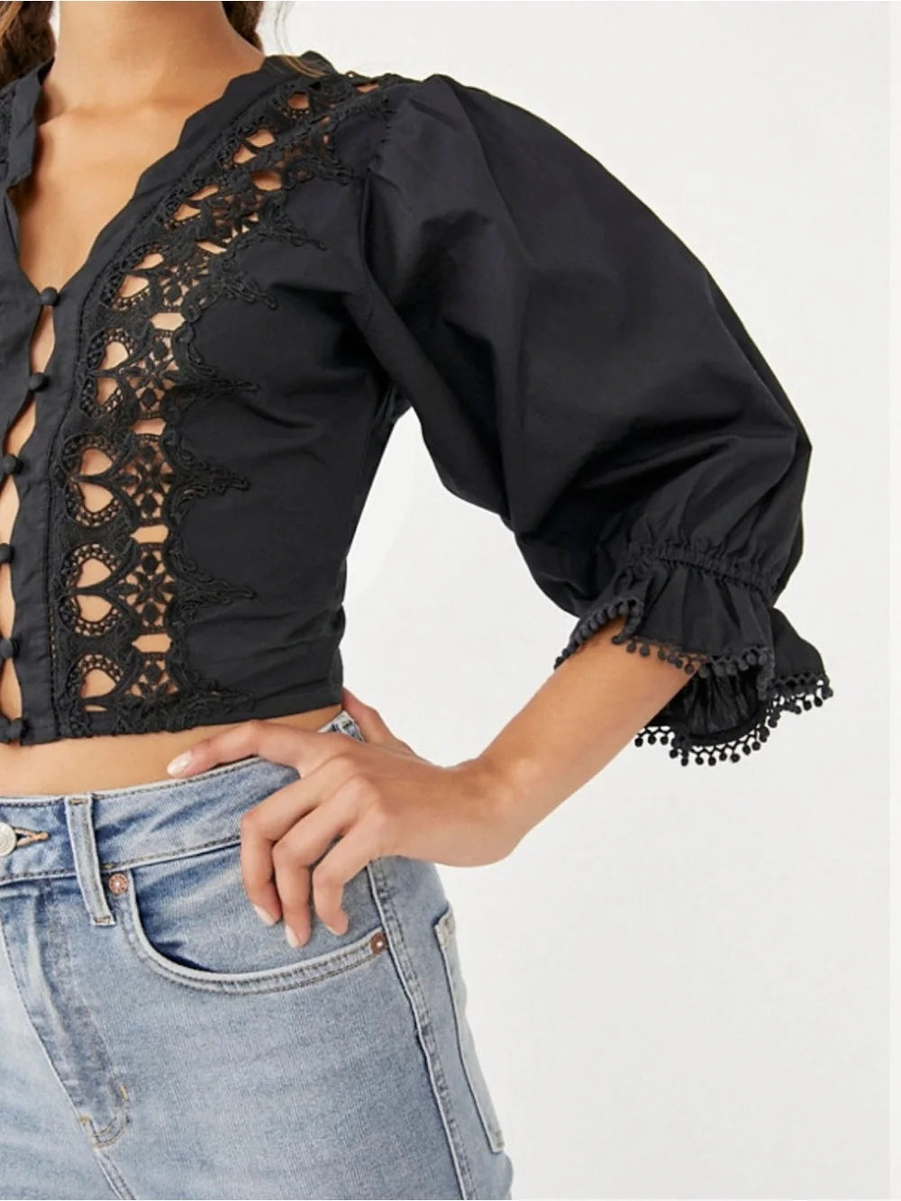 Free People Black Louella Embroidered Crochet Cropped Cotton Black Top Size S